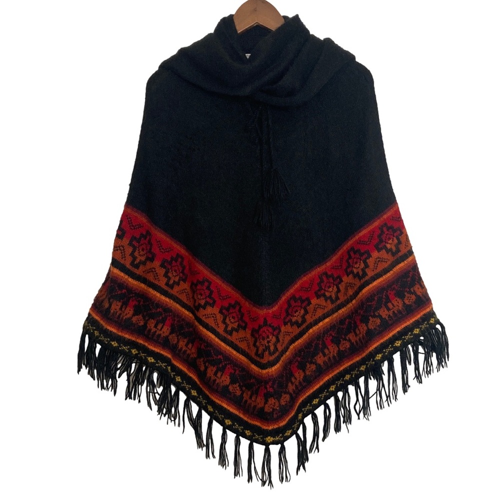 Alpaca Poncho Womens One Size Black Orange Red Aztec Scarf Sweater Fringe Boho